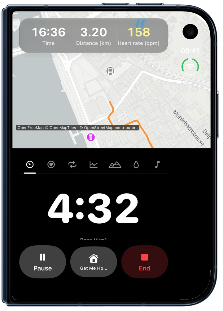 iPhone Duo closed: live run with the map above pace 4:10 per km and the Pause, Get Me Home and End buttons