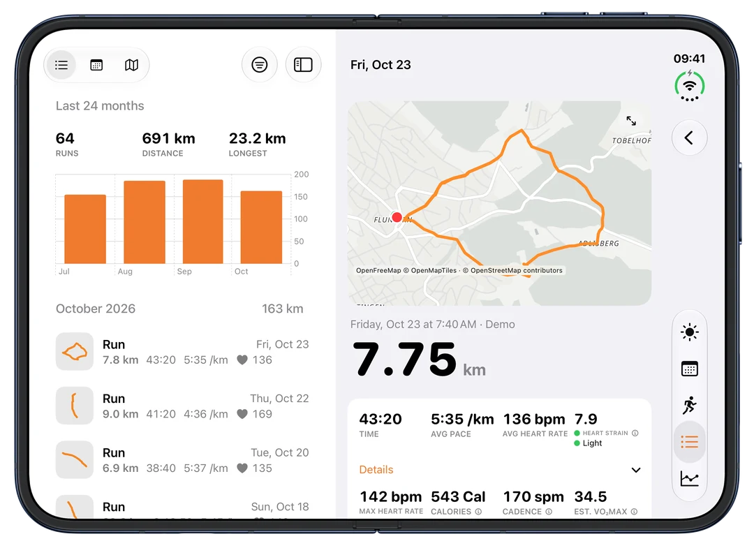 iPhone Duo open: the run list next to a 7.75 km run with its map and stats