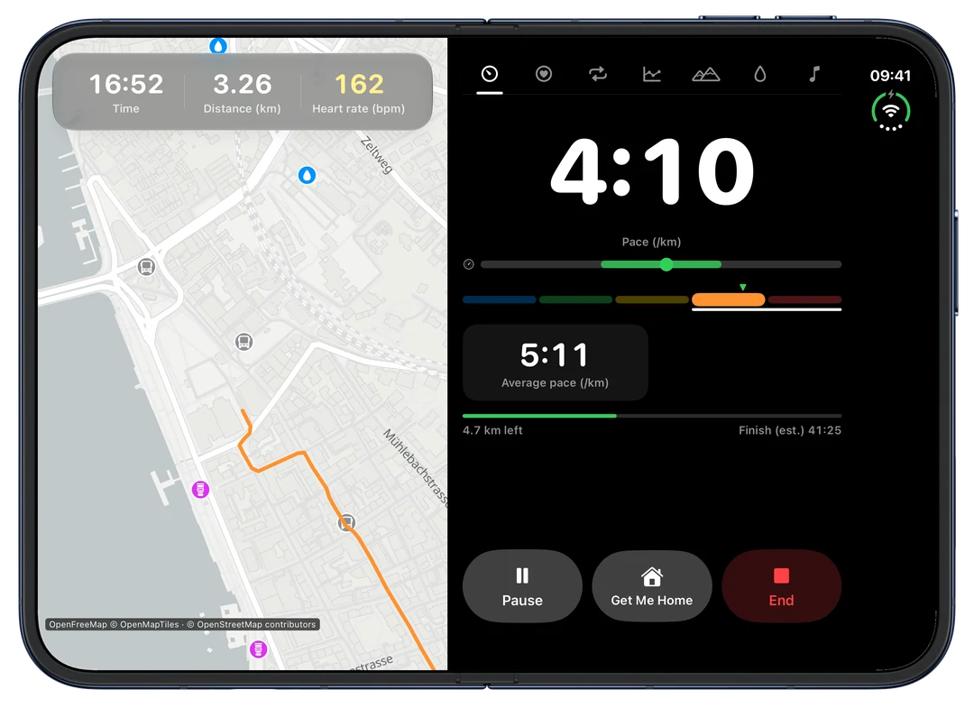 iPhone Duo open: live run with a large map next to pace 4:10 per km and the Pause, Get Me Home and End buttons