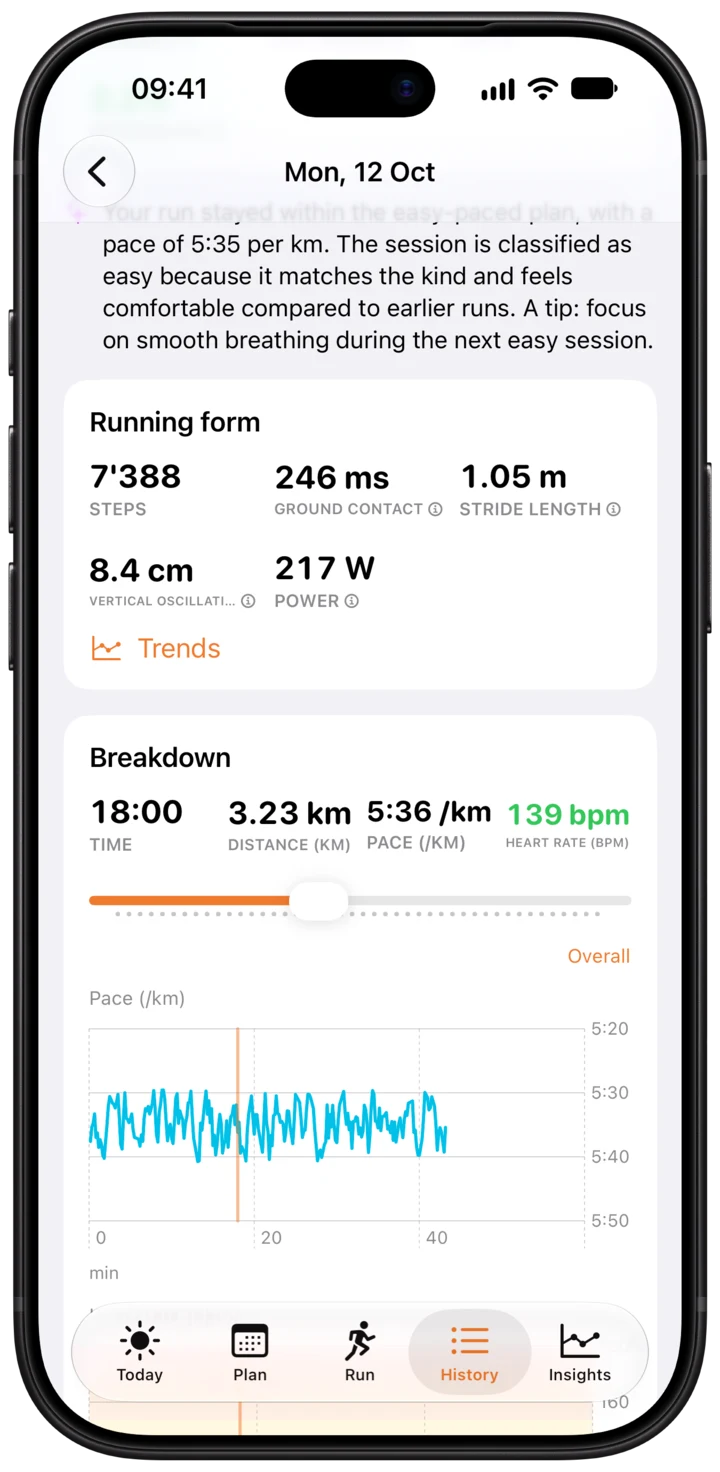 Running form and a breakdown scrubbed to 18 minutes with pace and heart rate