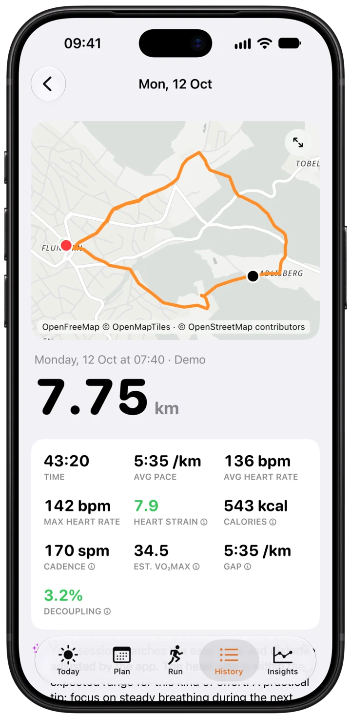 Run detail: 7.75 km with map, heart strain 7.9, cadence 170 spm, grade-adjusted pace 5:35 and decoupling 3.2%