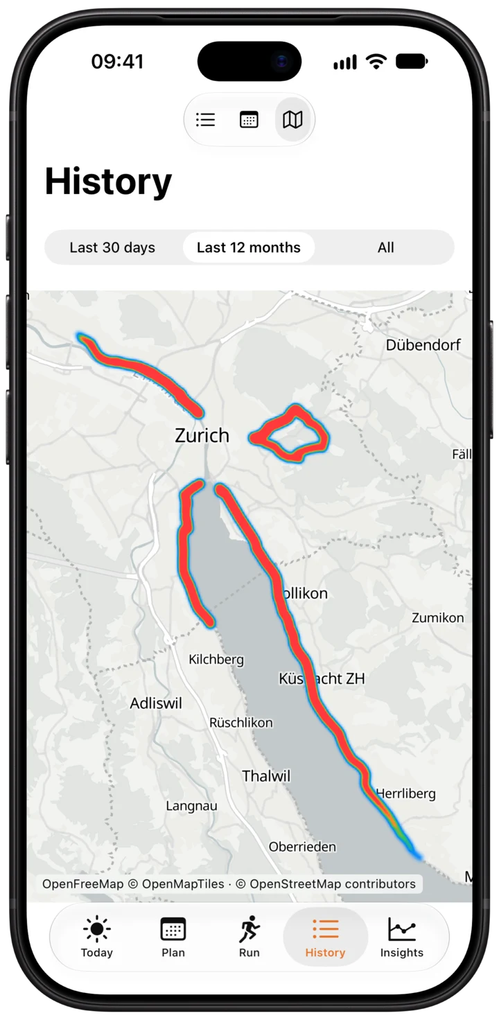Map of every run around Lake Zürich