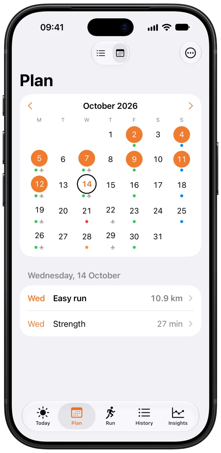 Plan calendar for October with completed runs and planned sessions