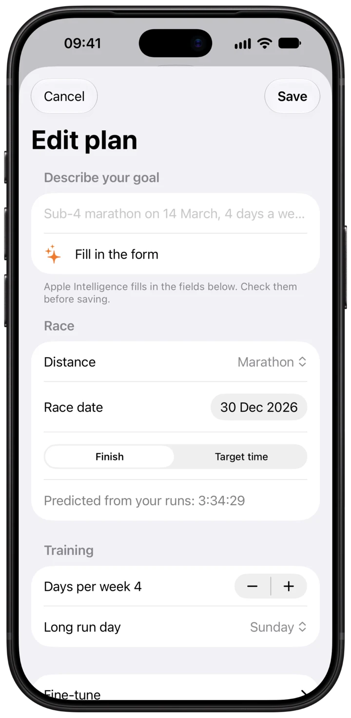 Edit plan: describe your goal and Apple Intelligence fills in the form