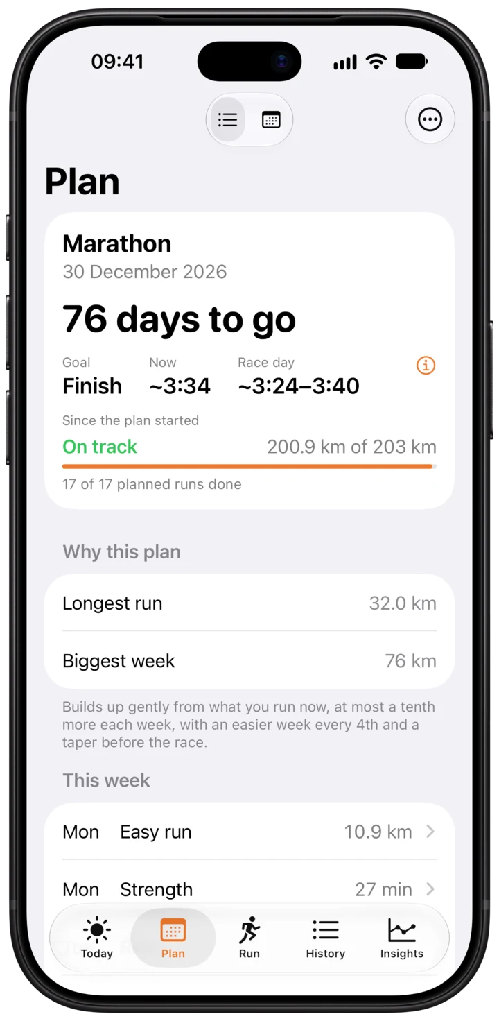 Taperwise plan: marathon in 76 days, finish goal, race-day estimate 3:24 to 3:40, on track with 200.9 of 203 km