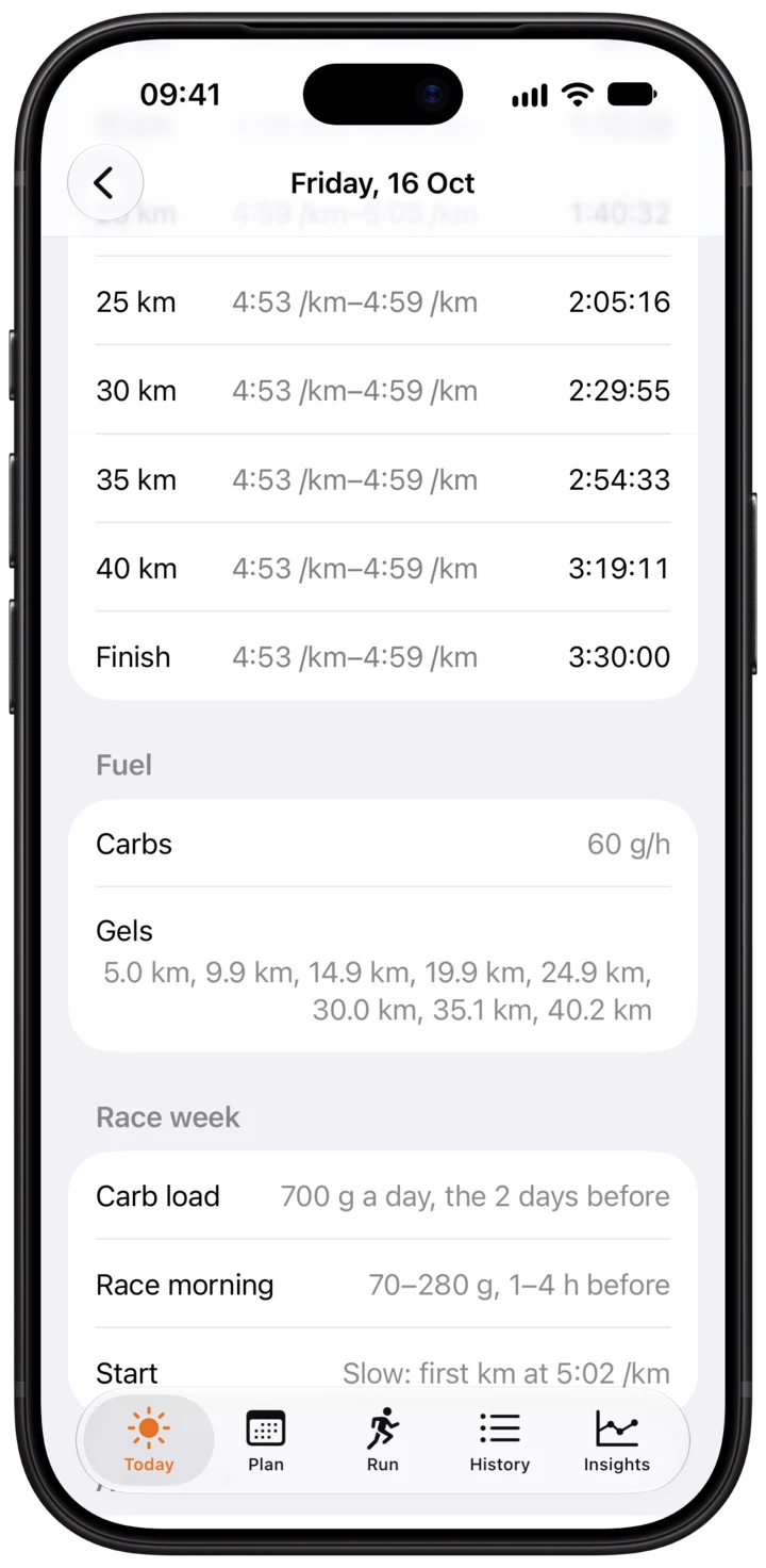 Race plan continued: splits to the 3:30:00 finish, 60 g of carbs an hour, gels by kilometre and the race-week checklist