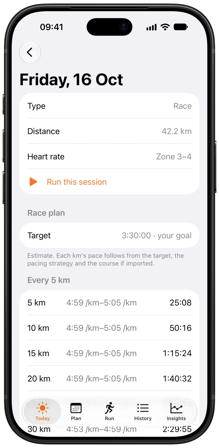 Race plan: marathon, target 3:30:00, pace band 4:59 to 5:05 per km with splits every 5 km