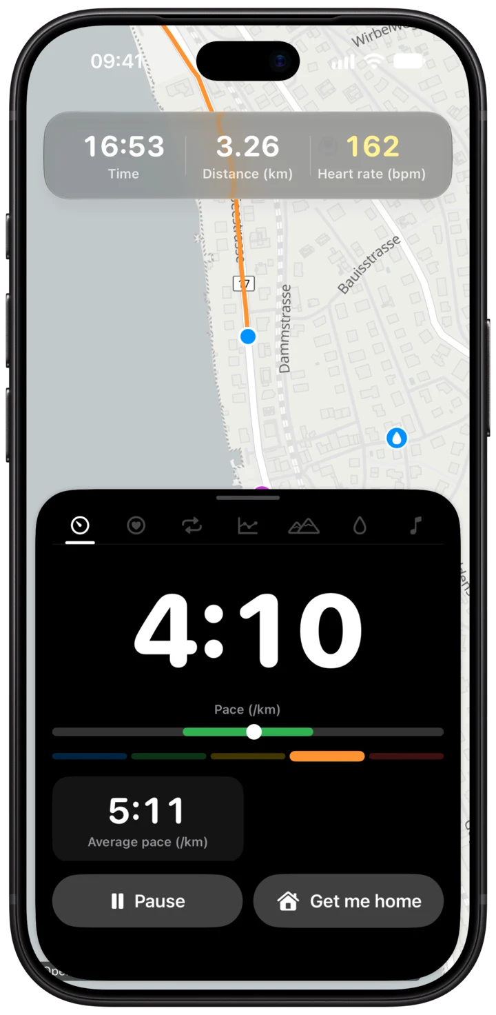Live run: pace 4:10 per km inside the target band, average 5:11