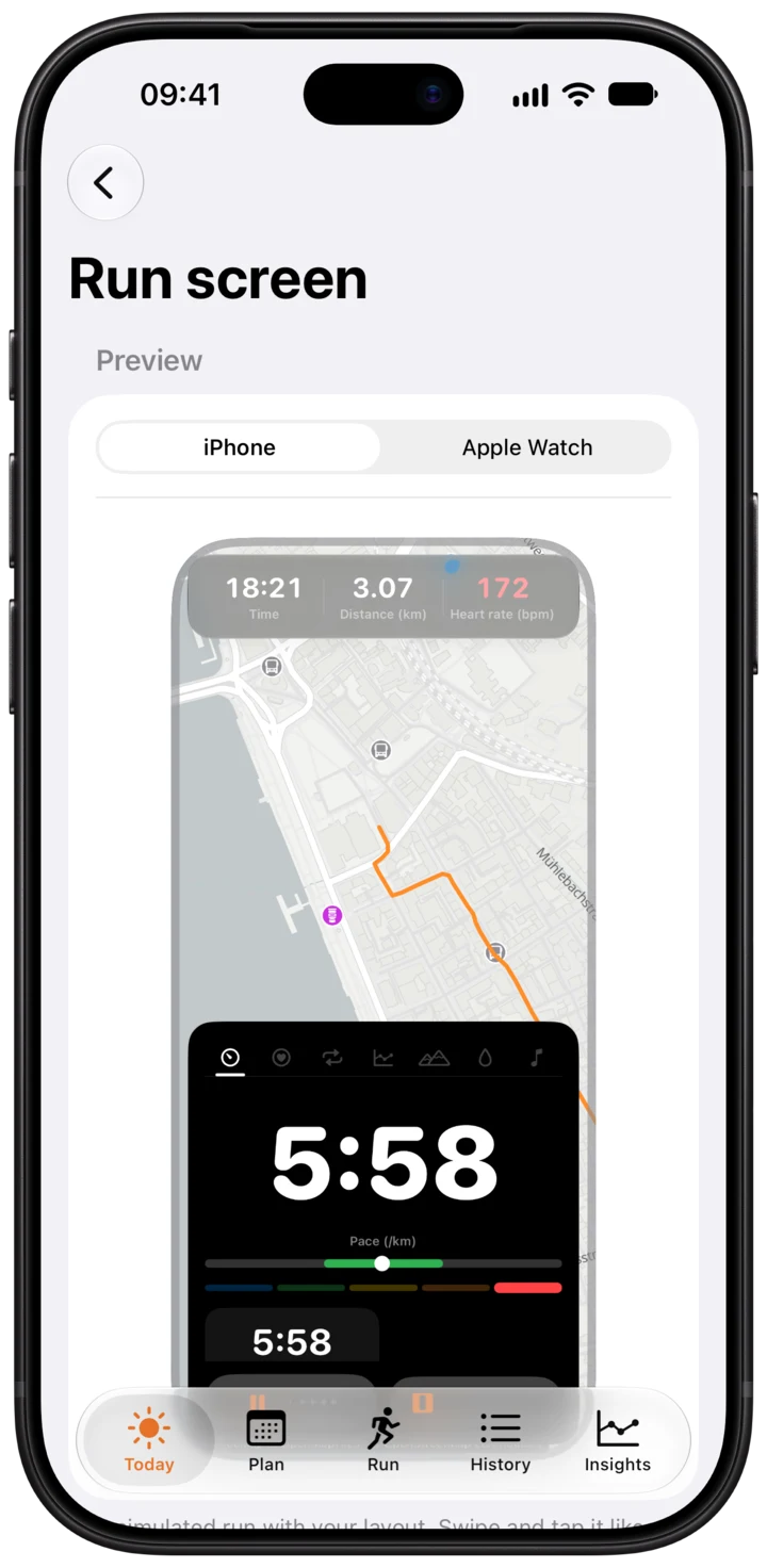 Run screen settings with a live iPhone preview