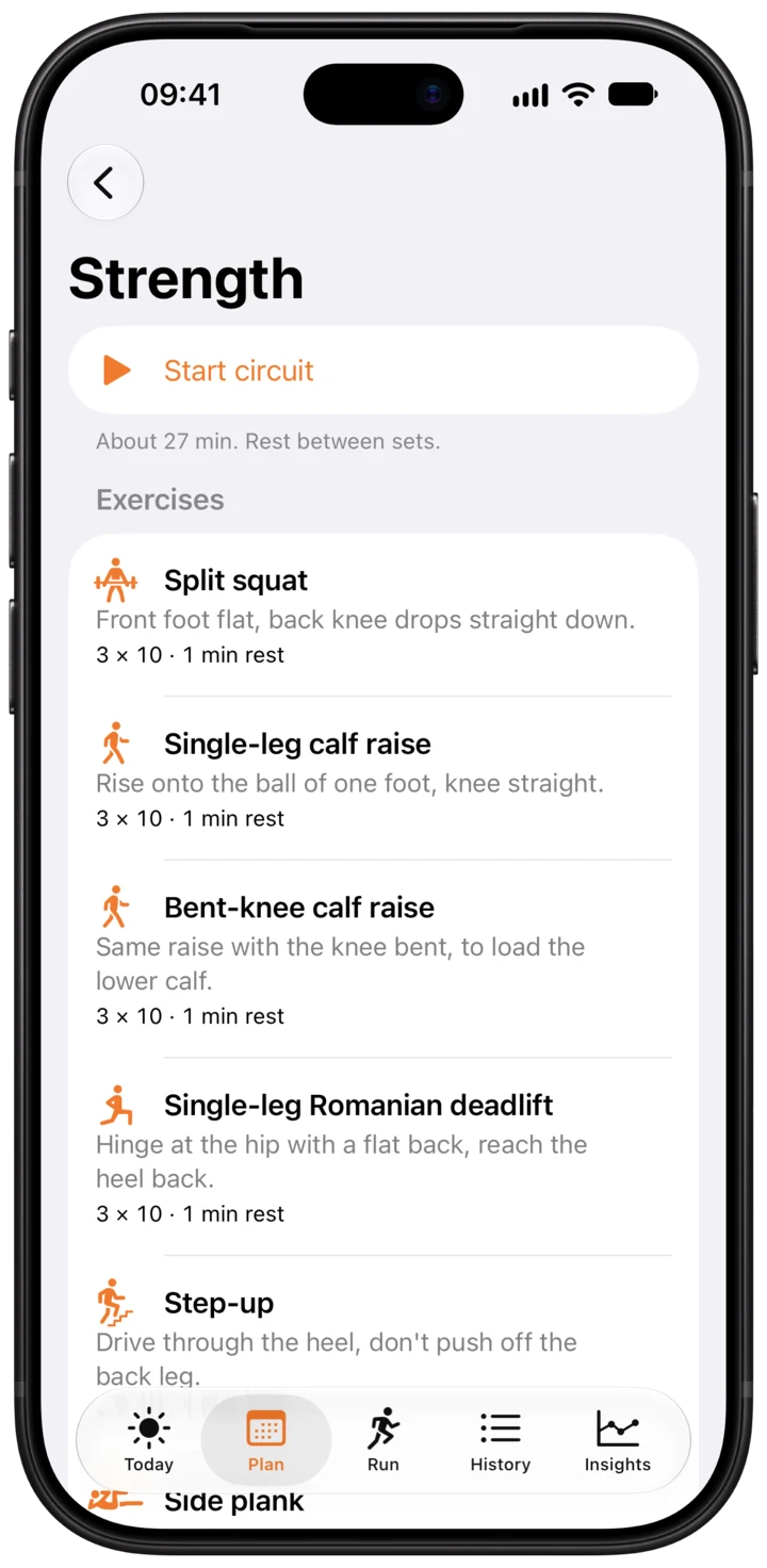 Strength: split squat, calf raises, single-leg Romanian deadlift and step-up, about 27 minutes