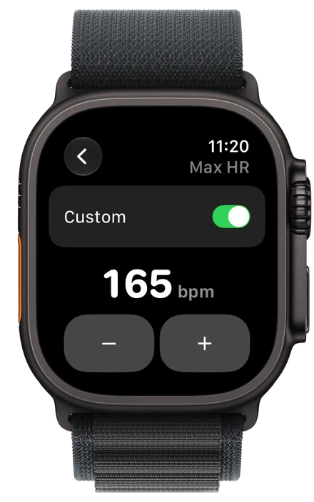 Max heart rate set to 165 bpm with the Digital Crown and minus and plus buttons