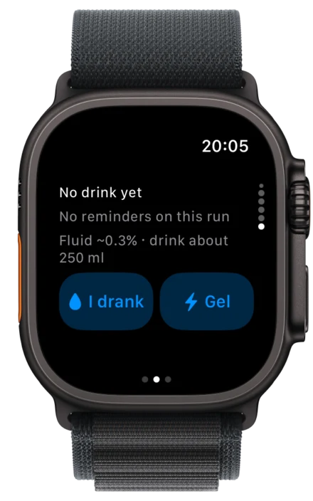Fuel page: fluid estimate with I drank and Gel buttons