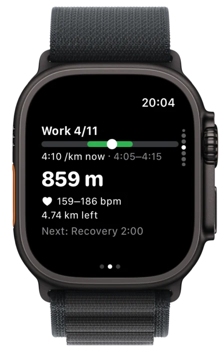Work interval with target pace, 859 m left and heart rate range