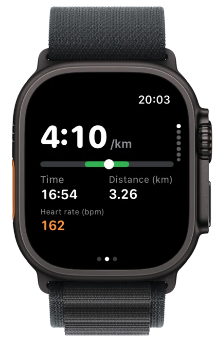 Taperwise on Apple Watch Ultra: pace 4:10 per km on target, heart rate 162