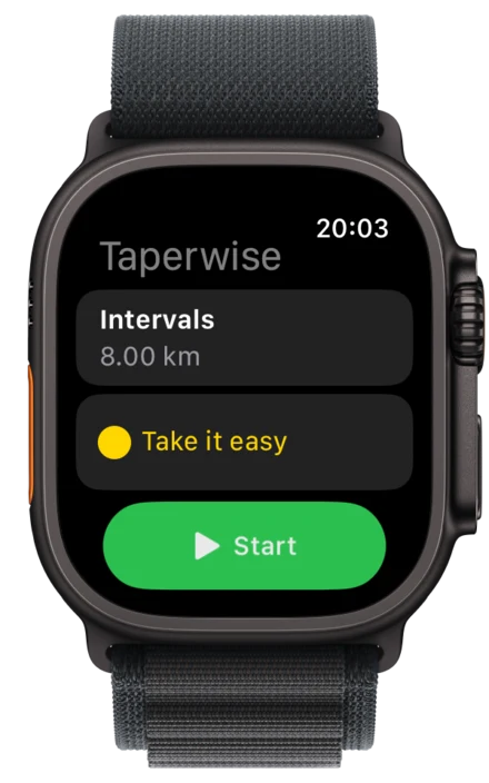 Start screen: today’s intervals of 8 km, take it easy, and Start